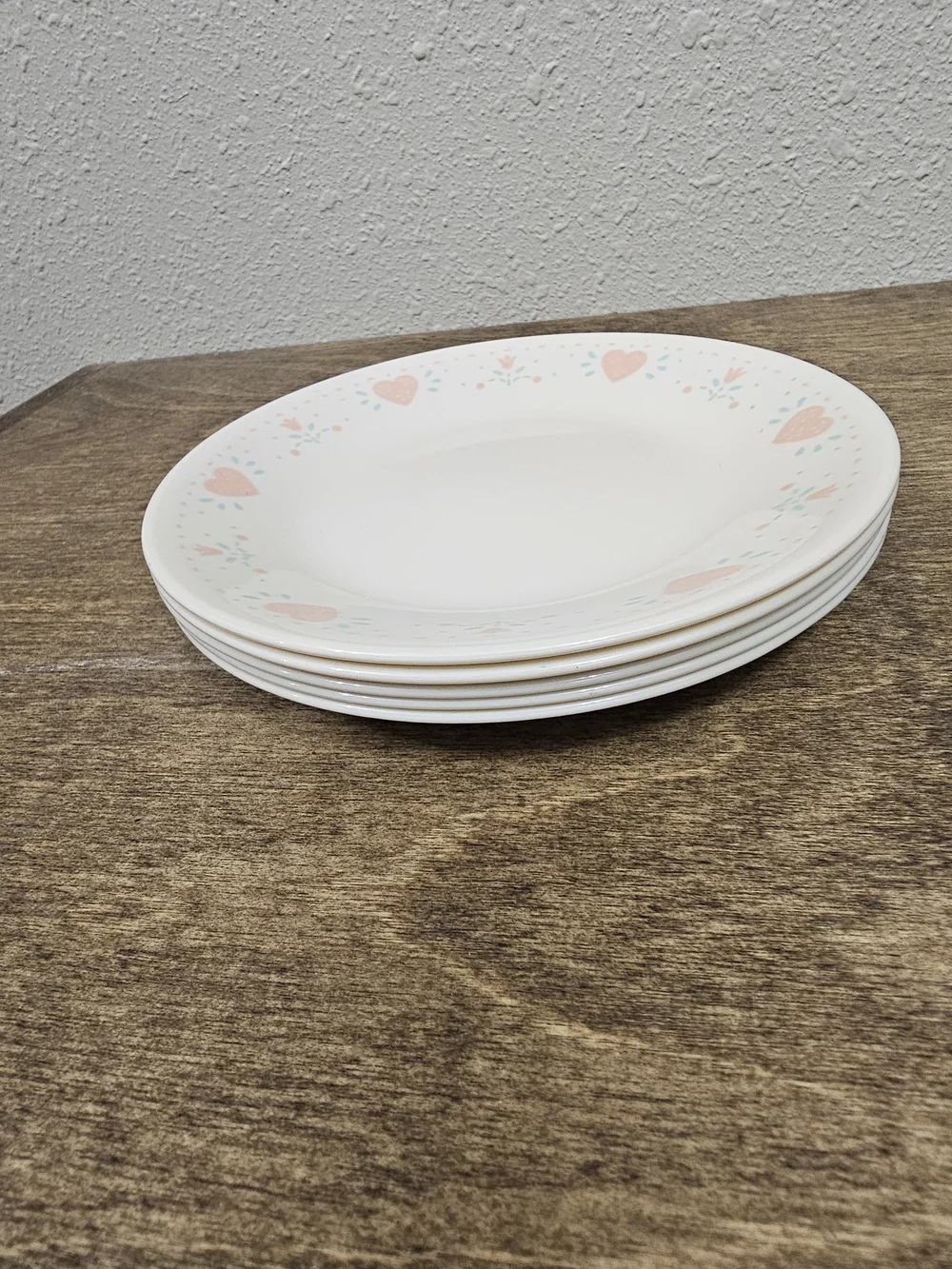5 Corelle White Dessert Plate with Pink Heart and Blue Dot Accents